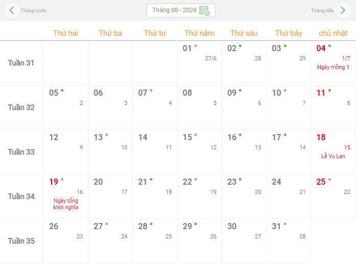 Lịch âm hôm nay - Lịch âm lịch, lịch dương lịch năm 2024