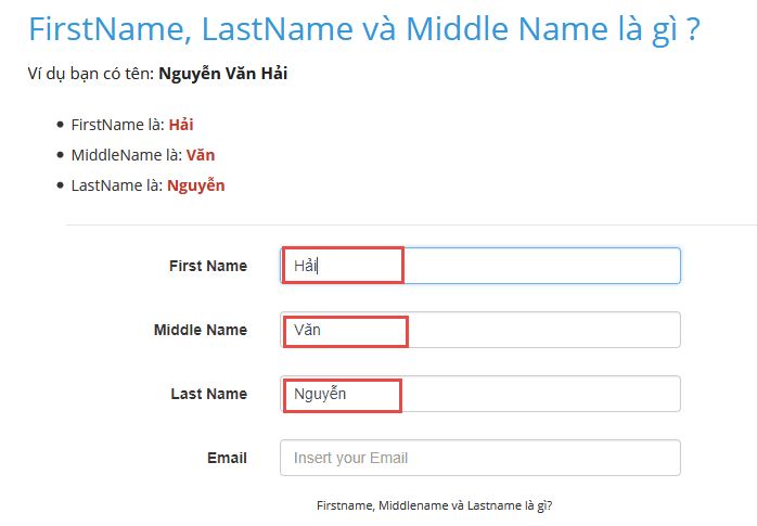 Cách điền họ tên: First, Middle, Last, Sur, Given, Preferred