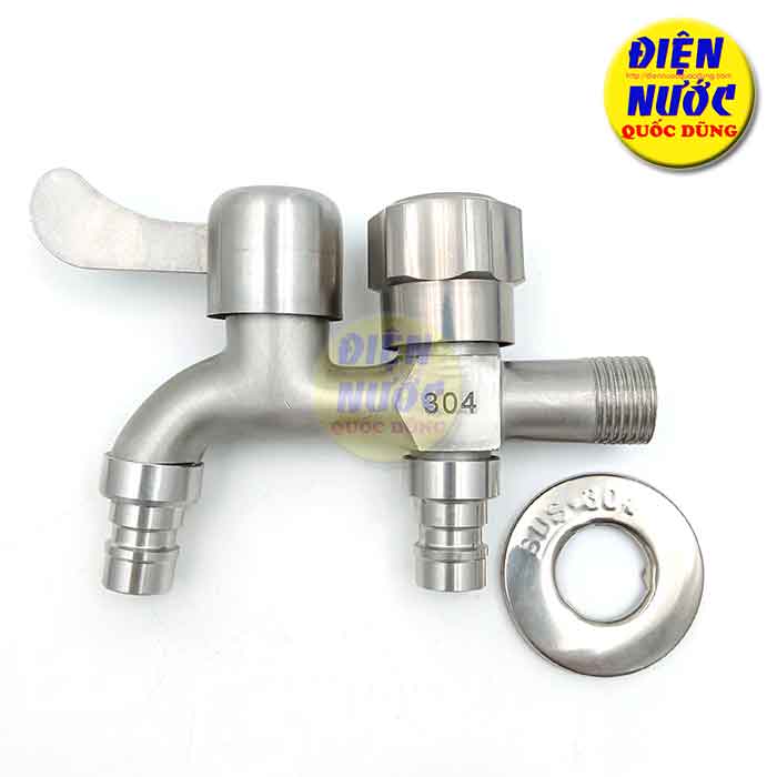 Vòi nước đôi 2 đầu ra Inox 304, vòi hồ 2 đầu xả nước